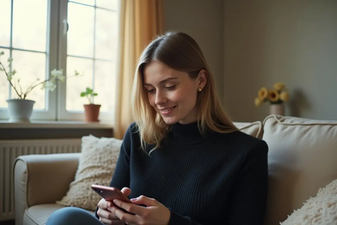 Frau sitzt mit Handy auf dem Sofa und lächelt